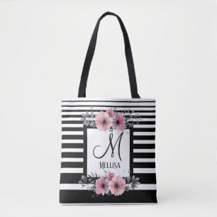 Svartvit Rand Rosa Blommigt Monogram Tygkasse