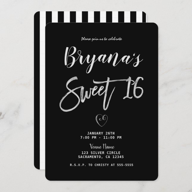 Svartvit Rand Silver Heart Chic Sweet 16 Inbjudningar (Fram/baksida)