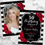 Svartvit Rand Silver Red Photo 50:e födelsedagen Inbjudningar<br><div class="desc">Femininininbjudan till elegantens blommigt på 50 års födelsedag med ditt foto på baksidan av kortet. Glam svartvit design med faux glitter silver. Innehåller svart och vitt rand, röd ros, skript och konetti. Perfekt för en snyggt vuxen under firande party. Anpassa med dina egna detaljer. Kan anpassas för vilken ålder som...</div>