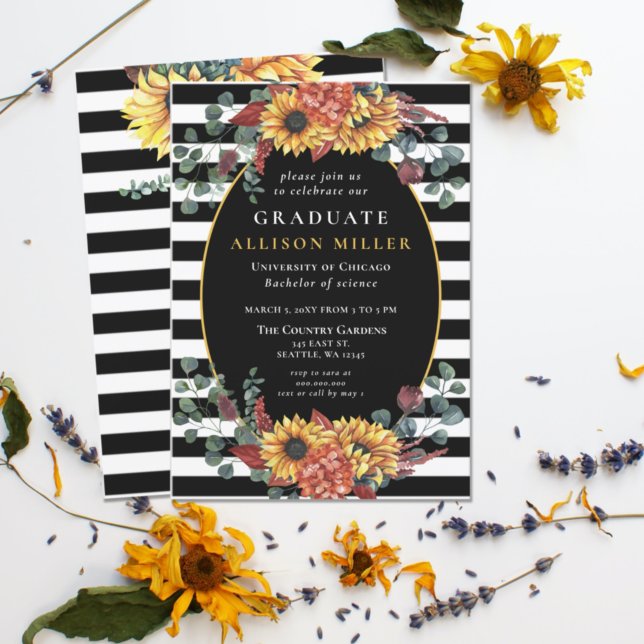 Svartvit Rand Solblommor, Studentfest Inbjudningar (Skapare uppladdad)