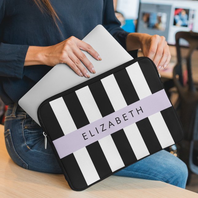 Svartvit Rand, Stripe, Linjer, Ditt namn Laptop Fodral (Skapare uppladdad)
