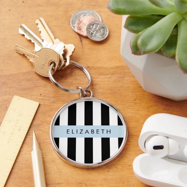 Svartvit Rand, Stripe, Linjer, Ditt namn Rund Silverfärgad Nyckelring (Skrivbord)
