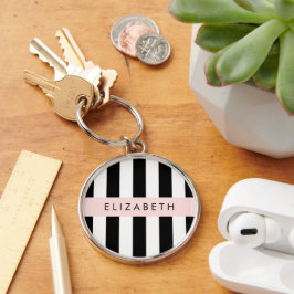 Svartvit Rand, Stripe, Linjer, Ditt namn Rund Silverfärgad Nyckelring