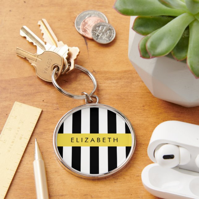 Svartvit Rand, Stripe, Linjer, Ditt namn Rund Silverfärgad Nyckelring (Skrivbord)