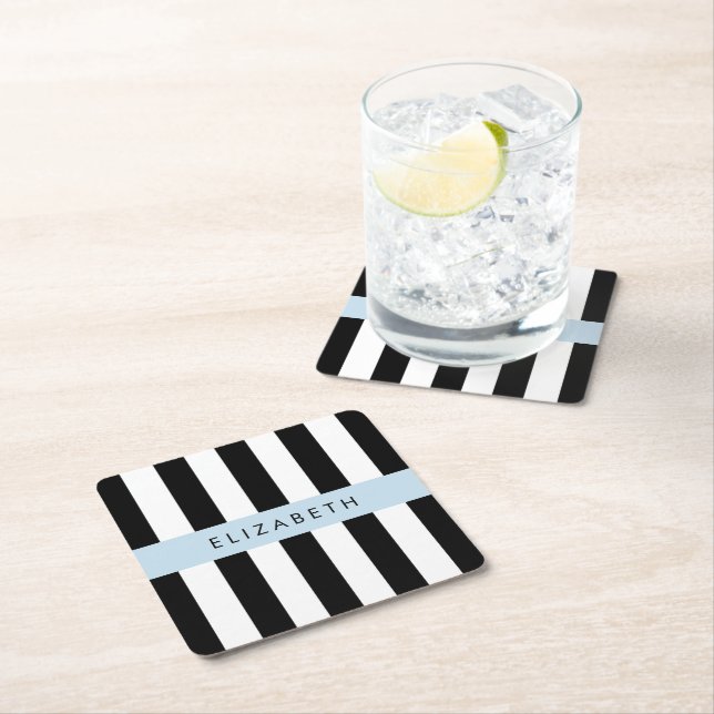 Svartvit Rand, Stripe, Linjer, Ditt namn Underlägg Papper Kvadrat (Insitu)