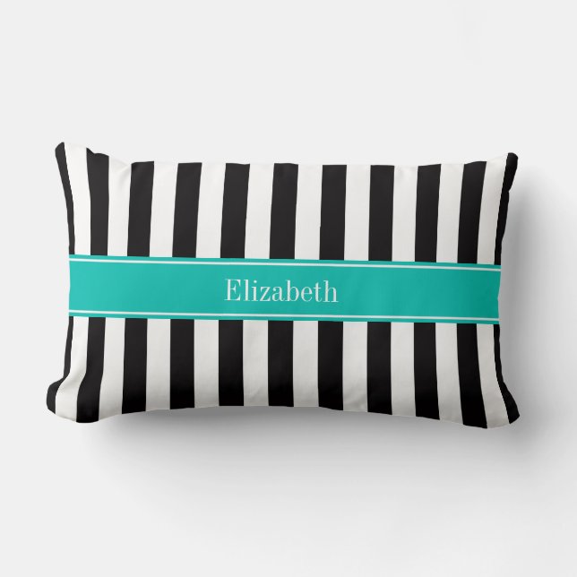 Svartvit Rand Teal Ribbon Namn Monogram Lumbarkudde (Framsida)