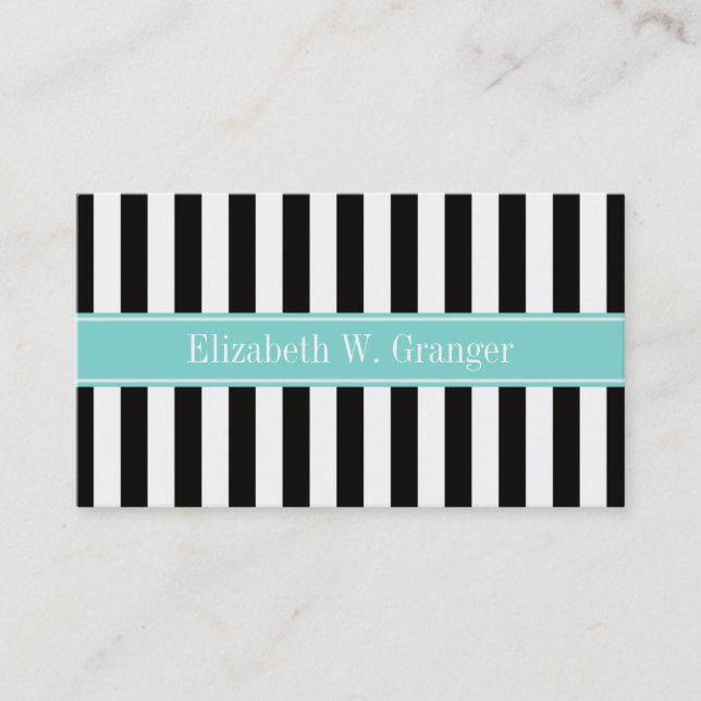 Svartvit Rand-turkos Ribbon Namn Monogram Visitkort (Framsida)