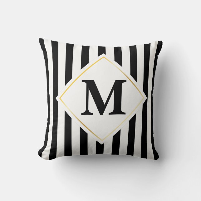 Svartvit Rand White Guld Monogram Kudde (Framsida)