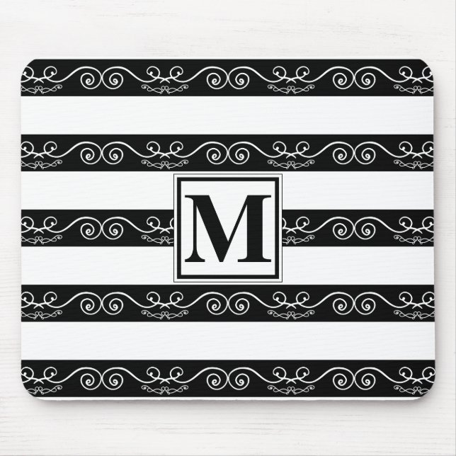 Svartvit, randig Monogram-design Musmatta (Framsidan)