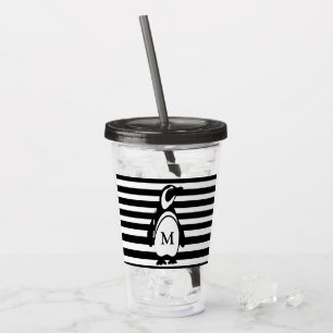 Svartvit randig Monogram för pingvin Take Away Mugg