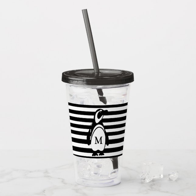 Svartvit randig Monogram för pingvin Take Away Mugg (Framsida Ice)