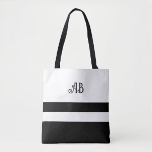 Svartvit, randig, monogram tote Bag Tygkasse