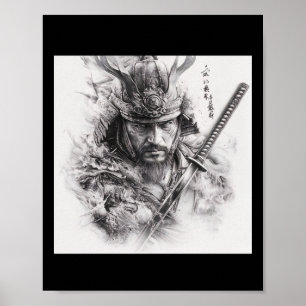Svartvit, realistisk samurai Pencil Teckning S Poster