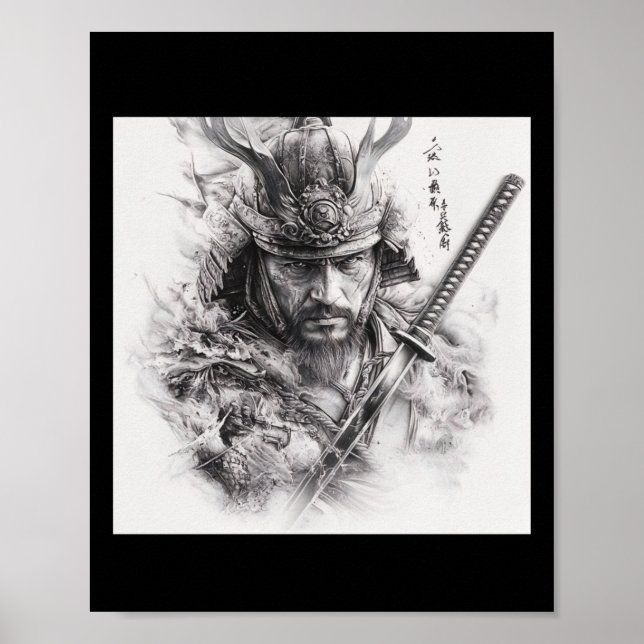 Svartvit, realistisk samurai Pencil Teckning S Poster (Framsidan)