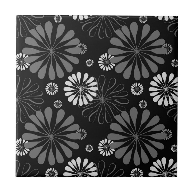 Svartvit Retro-Blommigt Kakelplatta (Framsidan)