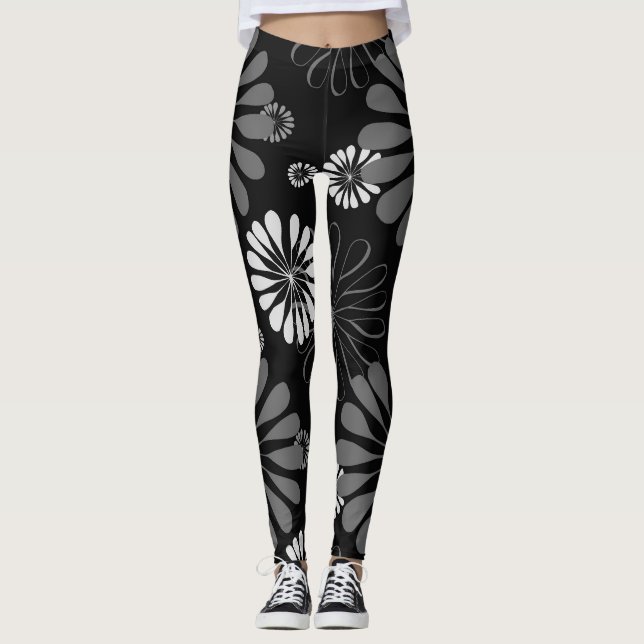 Svartvit Retro-Blommigt Leggings (Framsida)