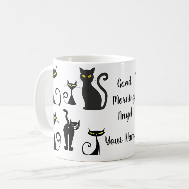 Svartvit Retro Cat Mönster med typografi Kaffemugg (Framsida vänster)