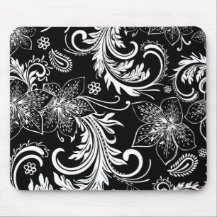 Svartvit Retro Flowers & Swirls design Musmatta