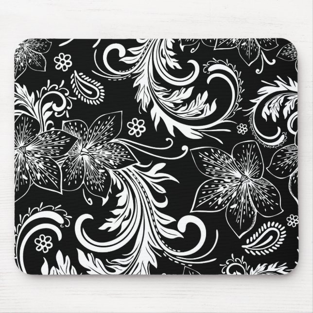 Svartvit Retro Flowers & Swirls design Musmatta (Framsidan)