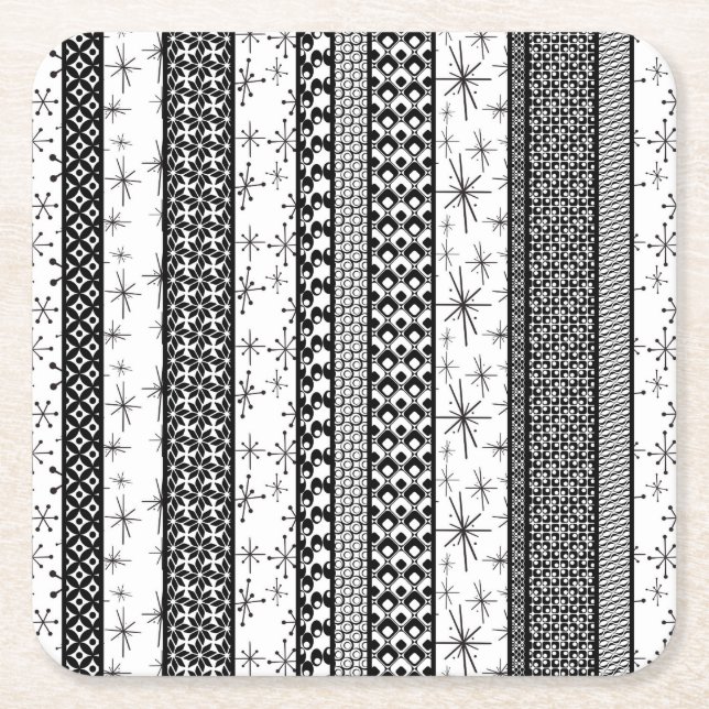 Svartvit Retro Mönster Rand 1 Underlägg Papper Kvadrat (Framsidan)
