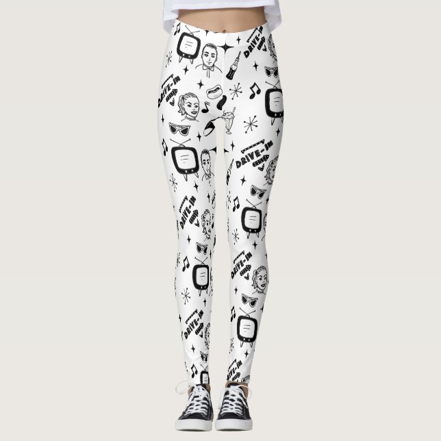 Svartvit Retro Pop Art Stil Nostalgic Leggings (Framsida)