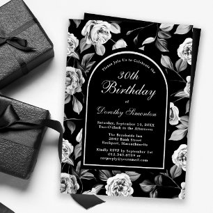 Svartvit Ro Blommigt Arch 30års födelsedag Inbjudningar