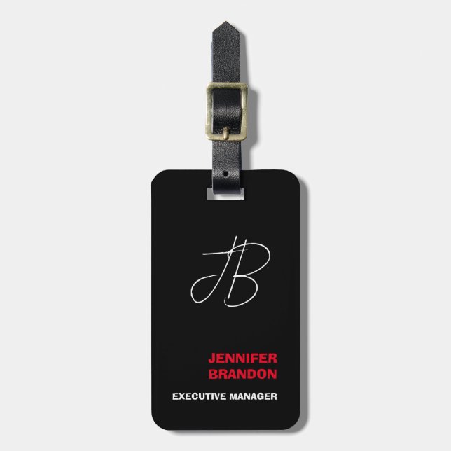 Svartvit röd handskrift Monogram minimalistisk Bagagebricka (Vertikal Framsida)
