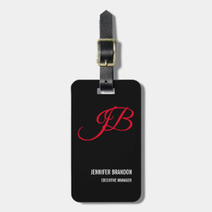 Svartvit röd handskrift Monogram minimalistisk Bagagebricka