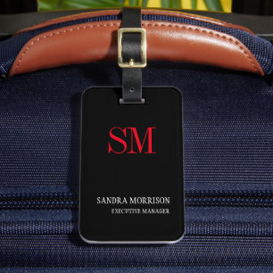 Svartvit röd handskrift Monogram minimalistisk Bagagebricka