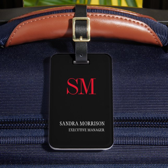 Svartvit röd handskrift Monogram minimalistisk Bagagebricka (Framsida Insitu 2)