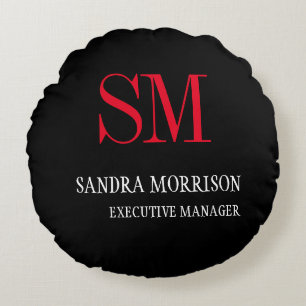 Svartvit röd monogrammad minimalist rund kudde