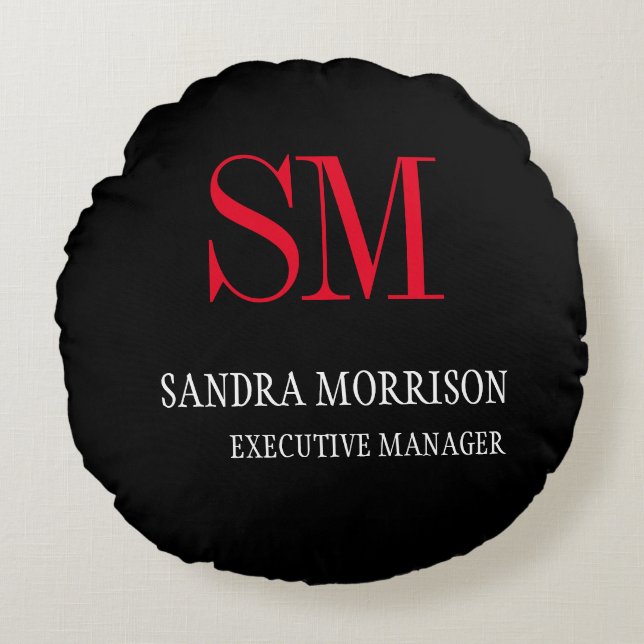 Svartvit röd monogrammad minimalist rund kudde (Framsidan)