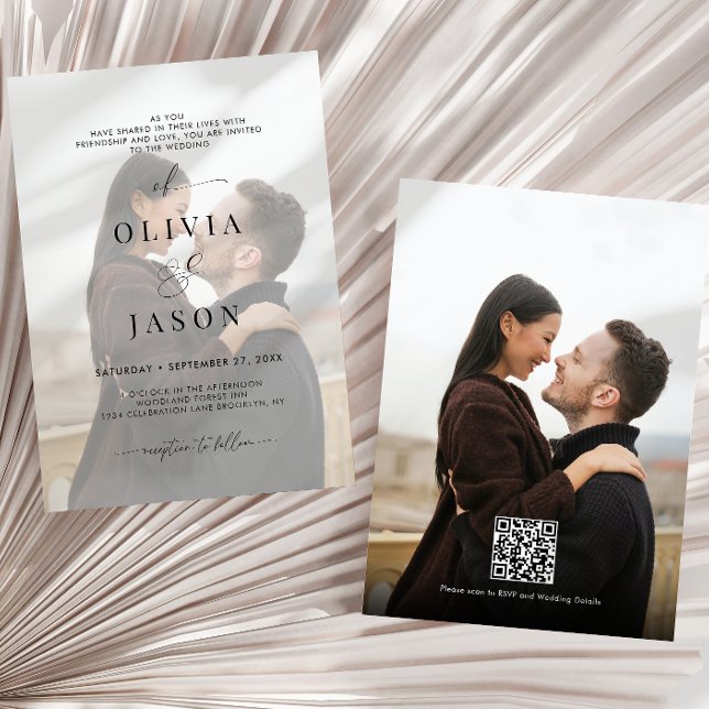 Svartvit, romskt skript, foto QR-kod Bröllop Inbjudningar (Skapare uppladdad)