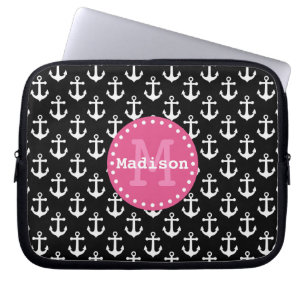 Svartvit Rosa Anchor Mönster Monogram Laptop Fodral