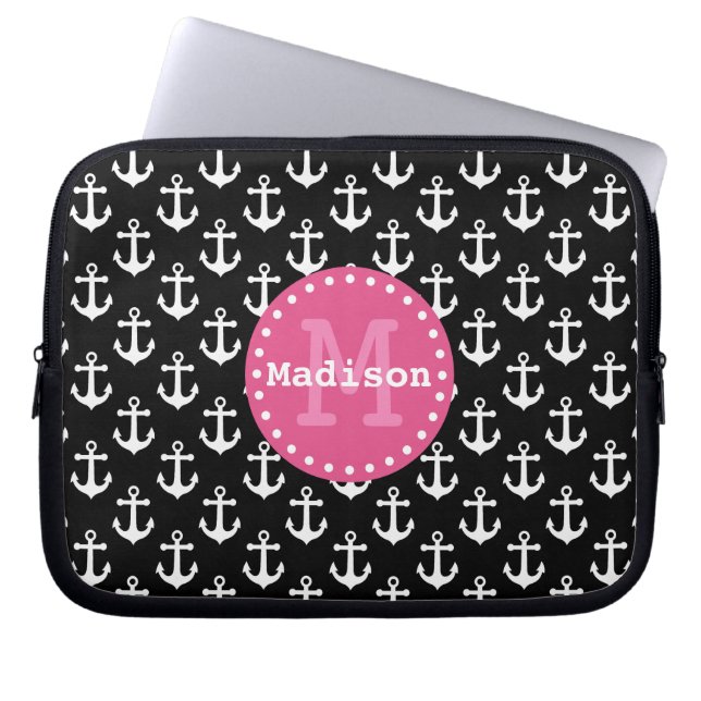 Svartvit Rosa Anchor Mönster Monogram Laptop Fodral (Framsidan)