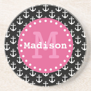 Svartvit Rosa Anchor Mönster Monogram Underlägg Sandsten