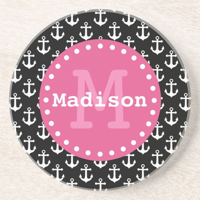 Svartvit Rosa Anchor Mönster Monogram Underlägg Sandsten (Framsidan)