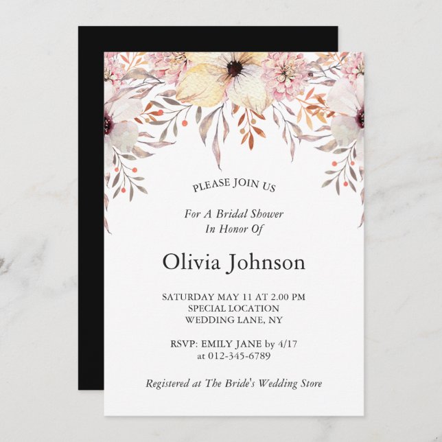 Svartvit Rosa Blommigt av vattenfärg, Möhippa Inbjudningar (Fram/baksida)