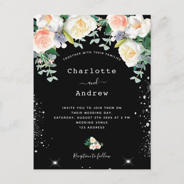 Svartvit rosa blommigt silver-miniatyrdiagram bröl inbjudan vykort (Framsida)