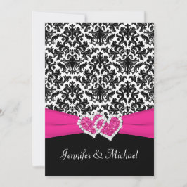Svartvit Rosa Damask Hearts bröllopsinbjudning Inbjudningar