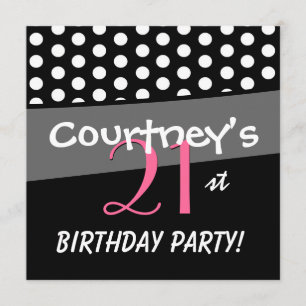 Svartvit Rosa Polka dots 21:a födelsedagen Inbjudningar