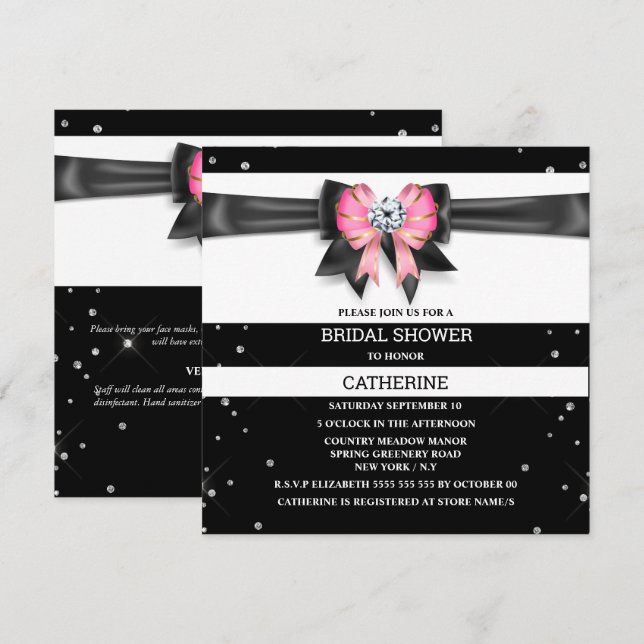 Svartvit rosa rand glitter armbåge gnistra inbjudningar (Fram/baksida)