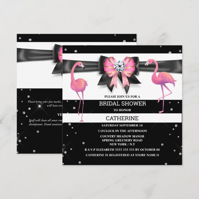 Svartvit rosa rand glitter flamingo chic inbjudningar (Fram/baksida)