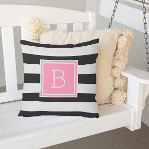 Svartvit Rosa Rand Monogram utomhus Kudde