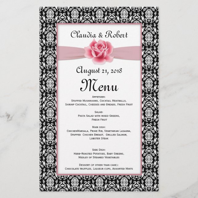 Svartvit, rosa ros Bröllop Menu (Framsida)
