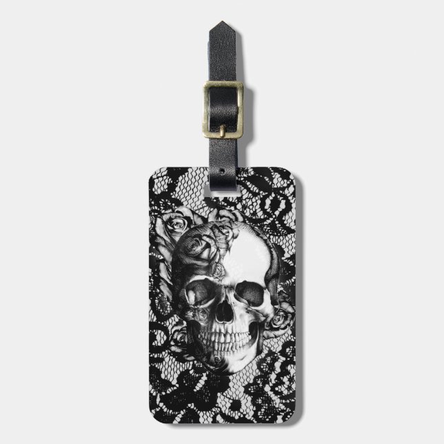 Svartvit rosa skalle på snörebakgrund bagagebricka (Vertikal Framsida)