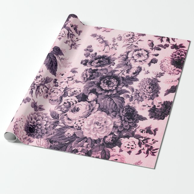 Svartvit Rosa Tone Vintage Blommigt Toile Presentpapper (Utrullad)