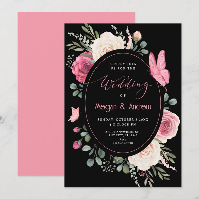 Svartvit Rosa Watercolor Blommigt Ro bröllop Inbjudningar (Fram/baksida)
