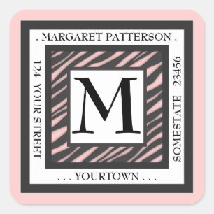 Svartvit Rosa Zebra Monogram Square Adress Fyrkantigt Klistermärke