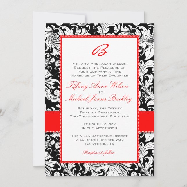 Svartvit rött bröllop inbjudningar (Framsida)